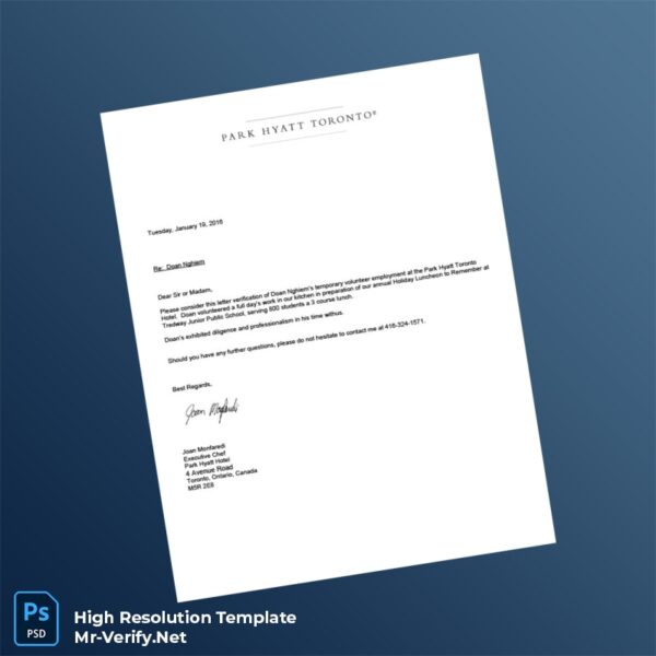 Editable Canada Park Hyatt Toronto Employment Verification Letter Word and Pdf Template Preview - Mac Doc