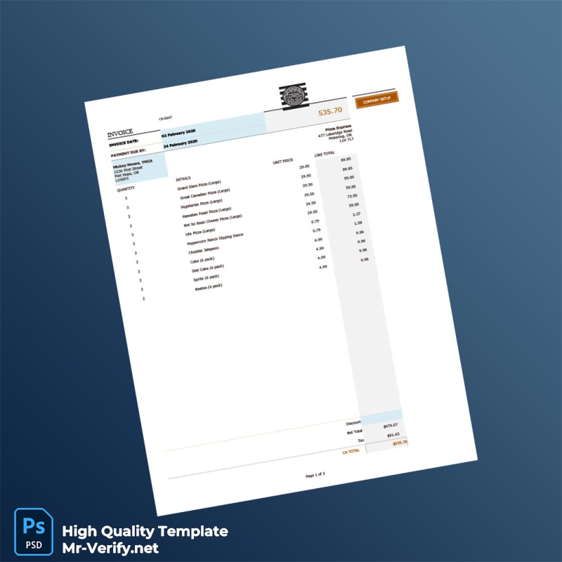 Canada Pizza Express Invoice Template in Word and PDF formats Canada Pizza Express Invoice Template in Word and PDF formats