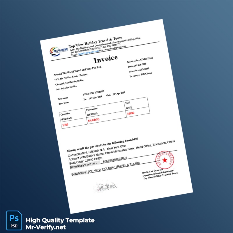 China Around The World Travel and Tour Pvt Ltd Invoice Template in Word and PDF formats China Around The World Travel and Tour Pvt Ltd Invoice Template in Word and PDF formats