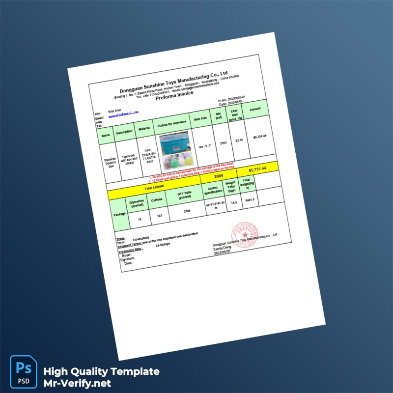 China Dongguan Sunshine Toys Manufacturing Co Proforma Invoice Template in Word and PDF formats China Dongguan Sunshine Toys Manufacturing Co Proforma Invoice Template in Word and PDF formats