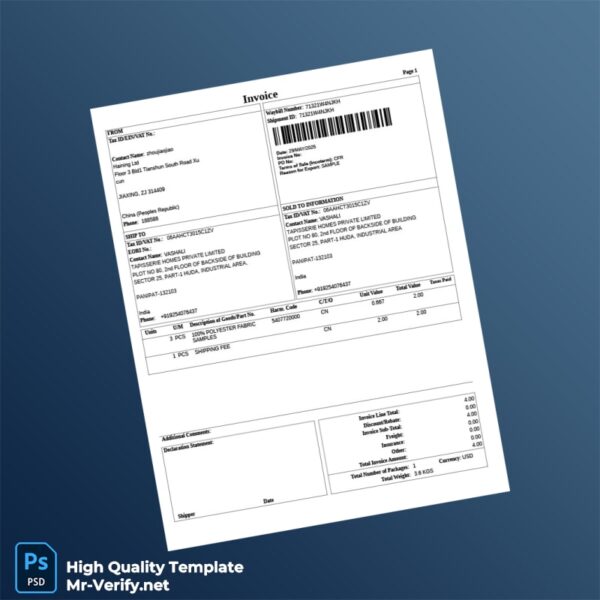 China Haining Ltd Invoice Template in Word and PDF formats India Tapisserie Homes Private Limited Invoice Template in Word and P
