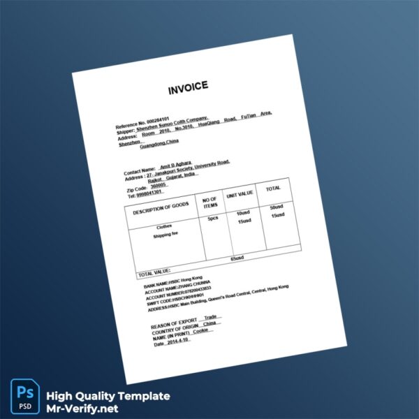 China Shenzhen Sunuo Colth Company Invoice Template in Word and PDF formats
