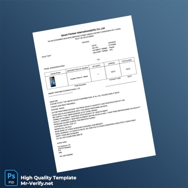 China Smart Partner International Ltd Invoice Template in Word and PDF formats