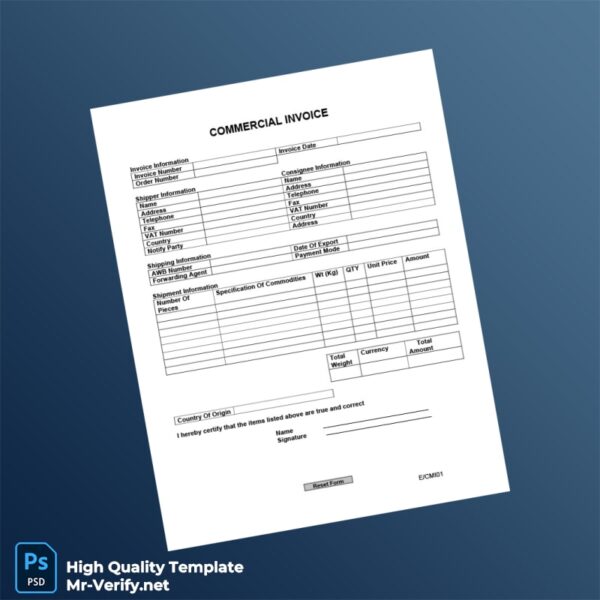 Commercial Invoice Template in Word and PDF formats