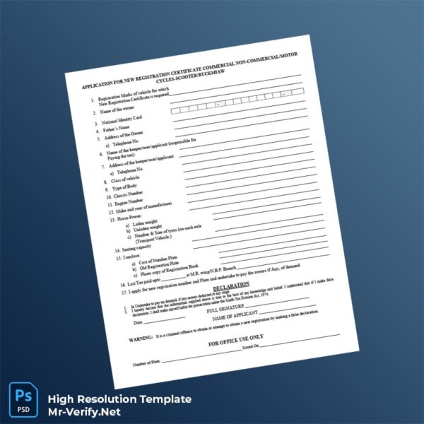 Editable Country Transport Authority Application for New Vehicle Registration Certificate Word and Pdf Template Preview - Mac Doc