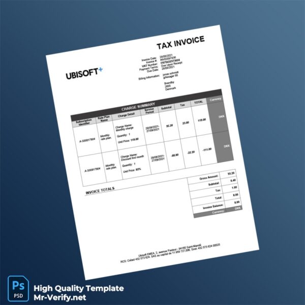 Denmark Ubisoft Tax Invoice Template in Word and PDF formats Denmark Ubisoft Tax Invoice Template in Word and PDF formats