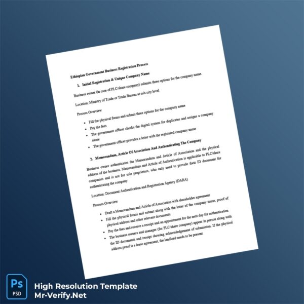 Editable Ethiopia Business Registration Certificate Word and Pdf Template Preview