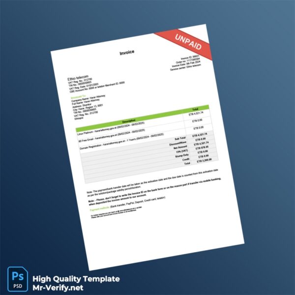 Ethiopia Ethio Telecom Invoice Template in Word and PDF formats