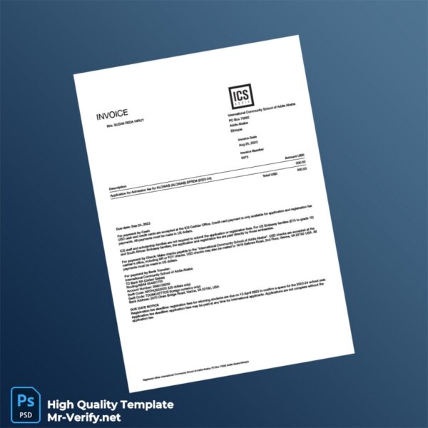 Ethiopia International Community School of Addis Ababa Invoice Template in Word and PDF formats