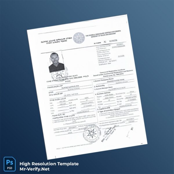 Editable Ethiopia Ministry of Trade and Industry TIN Certificate Word and Pdf Template Preview - Mac Doc