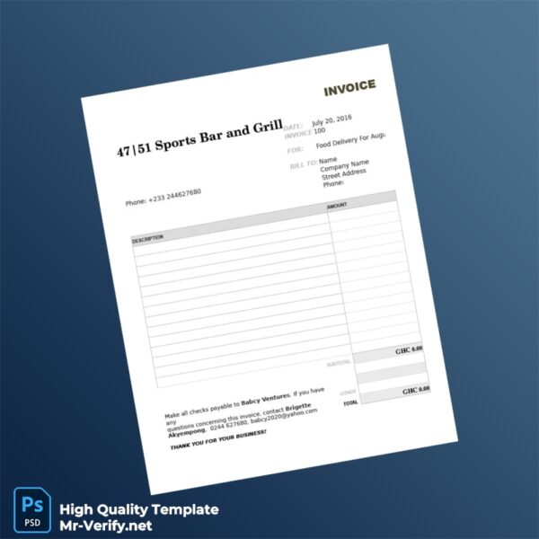 Ghana 47_51 Sports Bar and Grill Invoice Template in Word and PDF formats