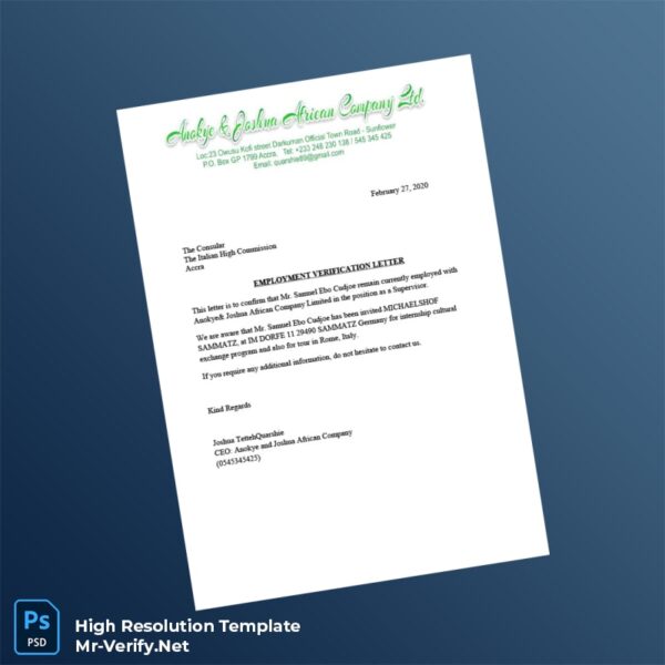 Editable Ghana Anokye and Joshua African Company Limited Employment Verification Letter Word and Pdf Template Preview - Mac Doc