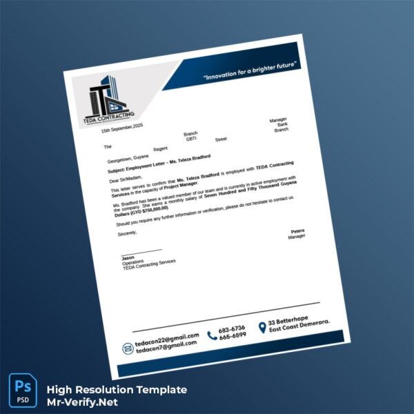 Editable Guyana TEDA Contracting Services Employment Verification Letter Word and Pdf Template Preview - Mac Doc