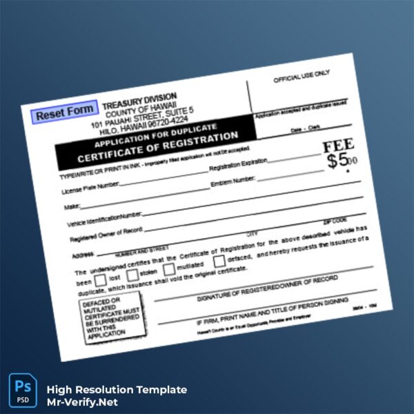 Editable Hawaii County Treasury Division Application for Duplicate Certificate of Registration Word and Pdf Template Preview - Mac Doc