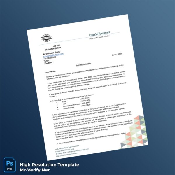 Editable Hong Kong Chandni Restaurant Employment Verification Letter Word and Pdf Template Preview - Mac Doc