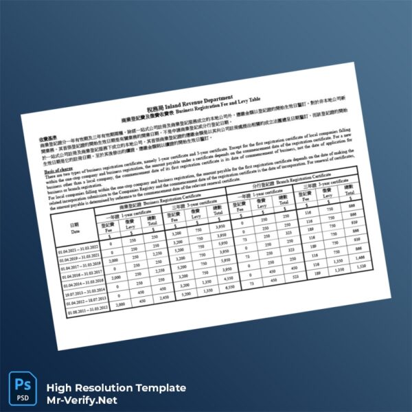 Editable Hong Kong Inland Revenue Department Business Registration Certificate Fee and Levy Table Word and Pdf Template Preview - Mac Doc