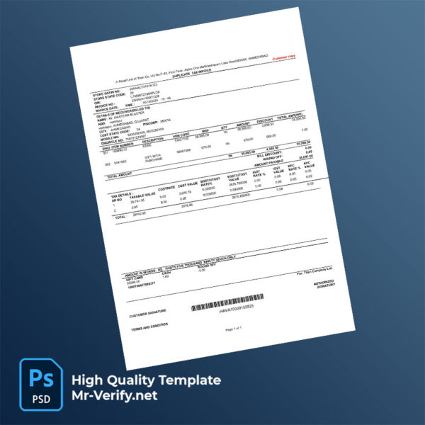 India Titan Company Ltd Editable Tax Invoice Template in Word and PDF formats