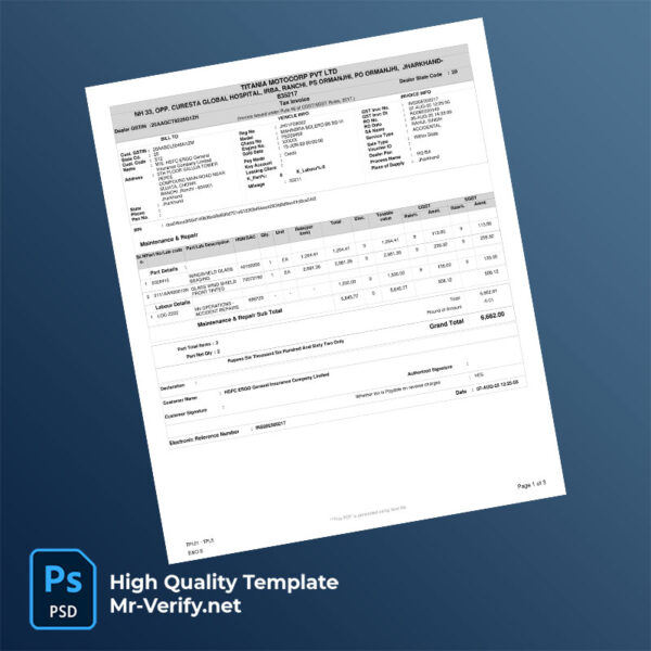India Titania Motocorp Pvt Ltd Editable Tax Invoice Template in Word and PDF formats