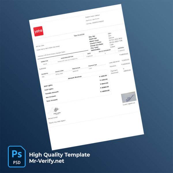 India Trident Hotel Udaipur Editable Hotel Bill Template in Word and PDF formats