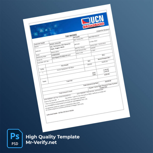 India UCN Fibrenet Editable Tax Invoice Template in Word and PDF formats