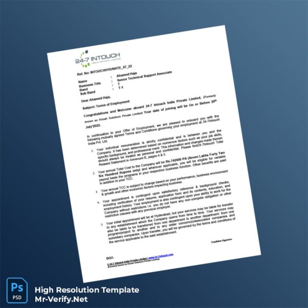 Editable India 24-7 Intouch Employment Verification Letter Word and Pdf Template Preview - Mac Doc