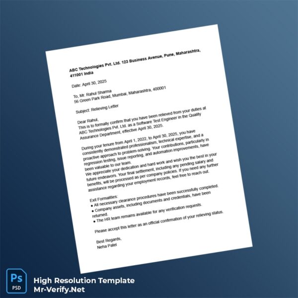 Editable India ABC Technologies Pvt Ltd Relieving Letter Word and Pdf Template Preview - Mac Doc