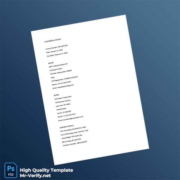 India ABC Trading Company Ltd Commercial Invoice Template in Word and PDF formats India ABC Trading Company Ltd Commercial Invoice Template in Word and PDF formats