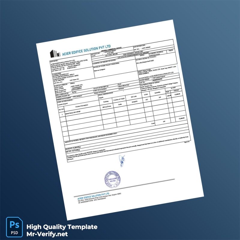 India ACIER EDIFICE SOLUTION PVT LTD Commercial Invoice Template in Word and PDF formats India ACIER EDIFICE SOLUTION PVT LTD Commercial Invoice Template in Word and PDF formats