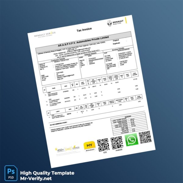 India AR A S P V P V Automobiles Private Limited Tax Invoice Template in Word and PDF formats