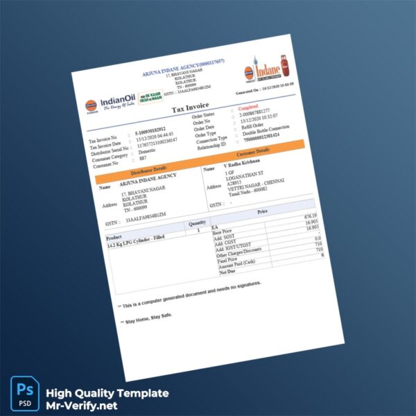 India ARJUNA INDANE AGENCY Tax Invoice Template in Word and PDF formats