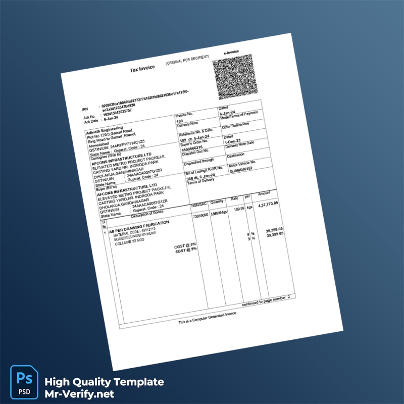 India Adinath Engineering Tax Invoice Template in Word and PDF formats India Adinath Engineering Tax Invoice Template in Word and PDF formats