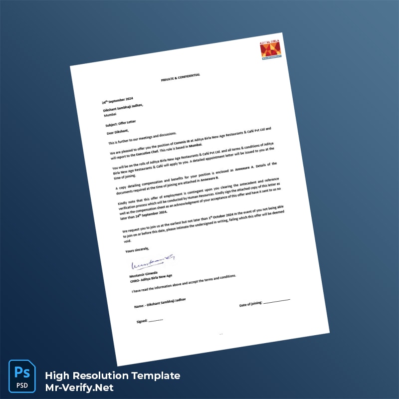 India%20Aditya%20Birla%20New%20Age%20Restaurants%20Caf%C3%A9%20Pvt%20Ltd%20Employment%20Verification%20Letter%20Template%20in%20Word%20and%20PDF%20formats Editable India Aditya Birla New Age Restaurants Café Pvt Ltd Employment Verification Letter Word and Pdf Template Preview - Mac Doc