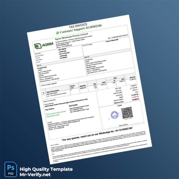 India Agrim Wholesale Private Limited Tax Invoice Template in Word and PDF formats