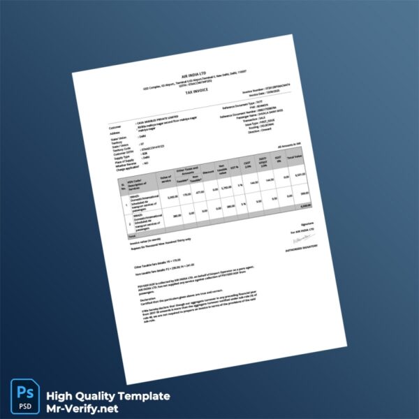 India Air India Ltd Tax Invoice Template in Word and PDF formats