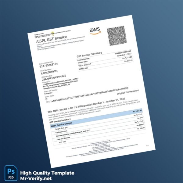 India Amazon Internet Services Private Limited Invoice Template in Word and PDF formats