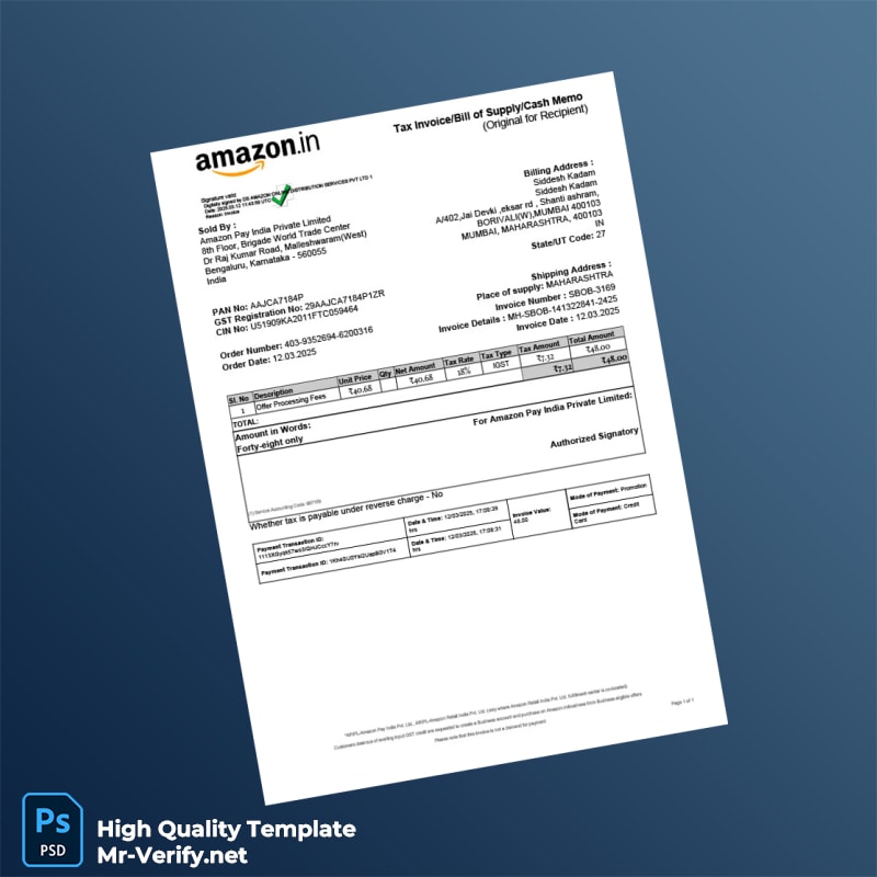 India Amazon Pay India Private Limited Tax Invoice Template in Word and PDF formats India Amazon Pay India Private Limited Tax Invoice Template in Word and PDF formats
