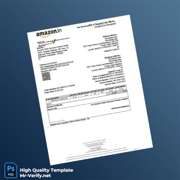 India Amazon Seller Services Private Limited Invoice Template in Word and PDF formats India Pantry Pride Tax Invoice Template in