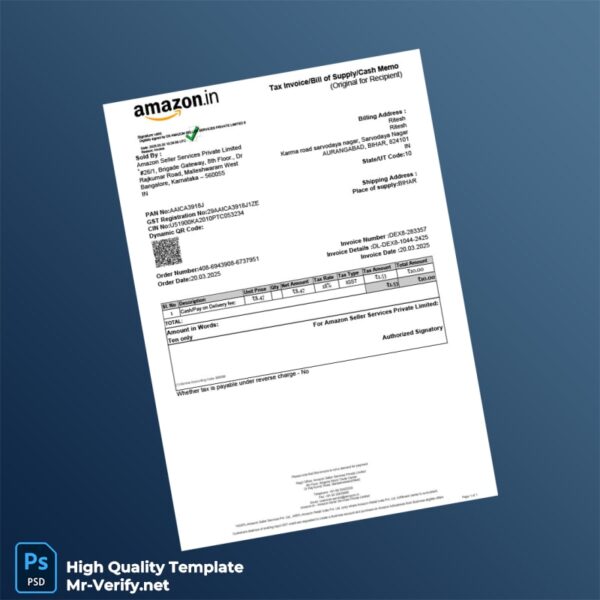 India Amazon Seller Services Private Limited Invoice Template in Word and PDF formats India Rajesh Enterprises Tax Invoice Templ