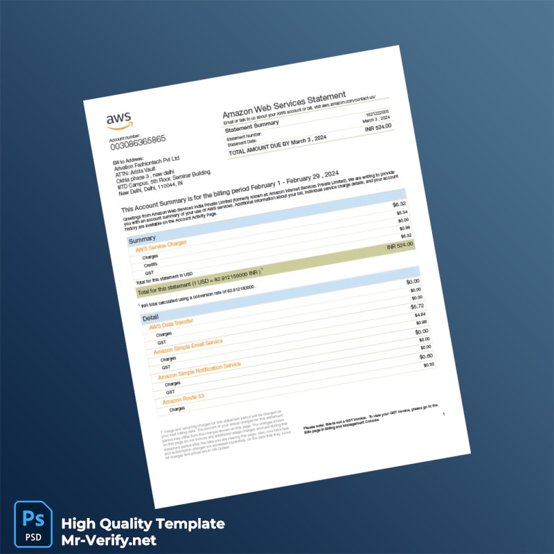 India Amazon Web Services Invoice Template in Word and PDF formats India Amazon Web Services Invoice Template in Word and PDF formats