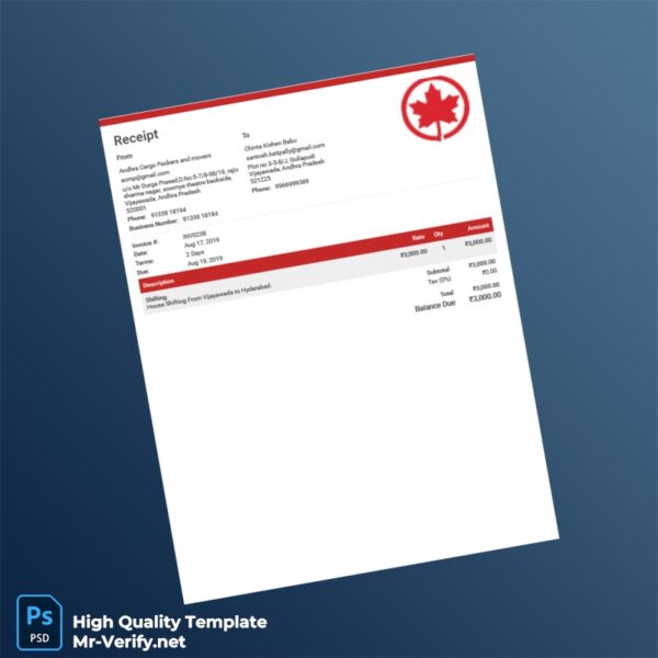 India Andhra Cargo Packers and Movers Invoice Template in Word and PDF formats India Andhra Cargo Packers and Movers Invoice Template in Word and PDF formats