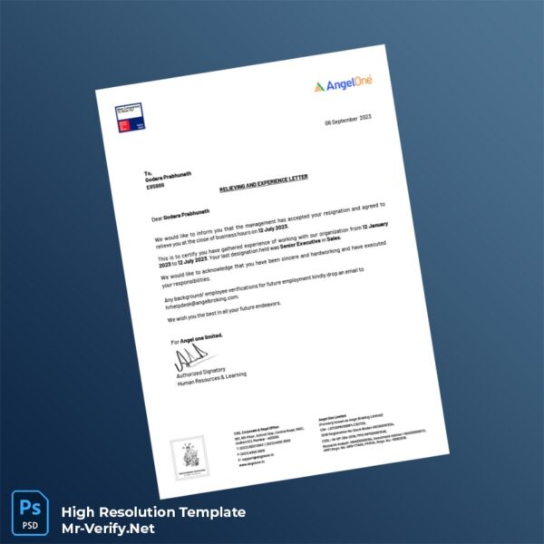 Editable India Angel One Limited Employment Verification Letter Word and Pdf Template Preview - Mac Doc