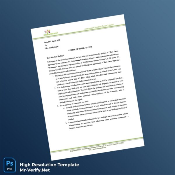 Editable India Antarmanh Consulting Private Limited Salary Certificate Word and Pdf Template Preview - Mac Doc