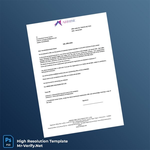 Editable India Arrise BPO Solutions Pvt Ltd Employment Verification Letter Word and Pdf Template Preview - Mac Doc