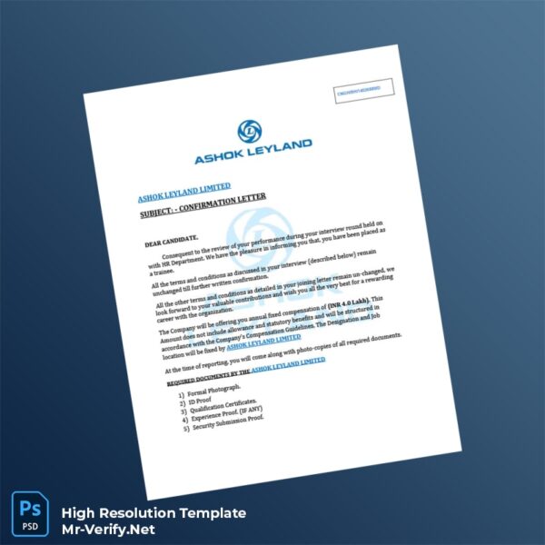 Editable India Ashok Leyland Limited Employment Verification Letter Word and Pdf Template Preview - Mac Doc
