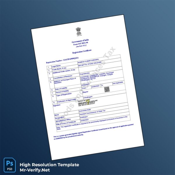 Editable India Assistant Commissioner of State Tax GST Registration Certificate Word and Pdf Template Preview - Mac Doc