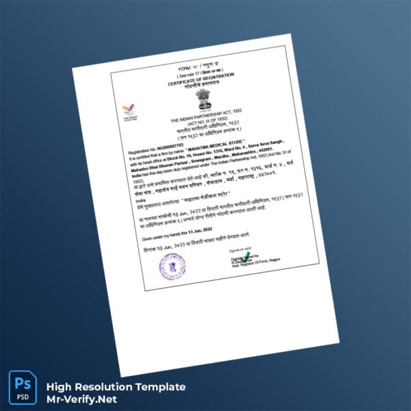 Editable India Assistant Registrar of Firms Registration Certificate Word and Pdf Template Preview - Mac Doc