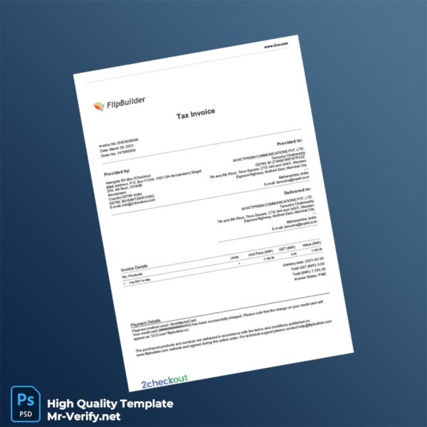 India Avangate BV dba 2Checkout Tax Invoice Template in Word and PDF formats