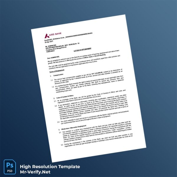 Editable India Axis Bank Employment Verification Letter Word and Pdf Template Preview - Mac Doc