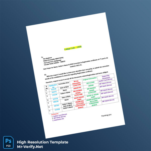 Editable India BSAEU Editable Prayer for Name Correction in Registration Certificate Word and Pdf Template Preview