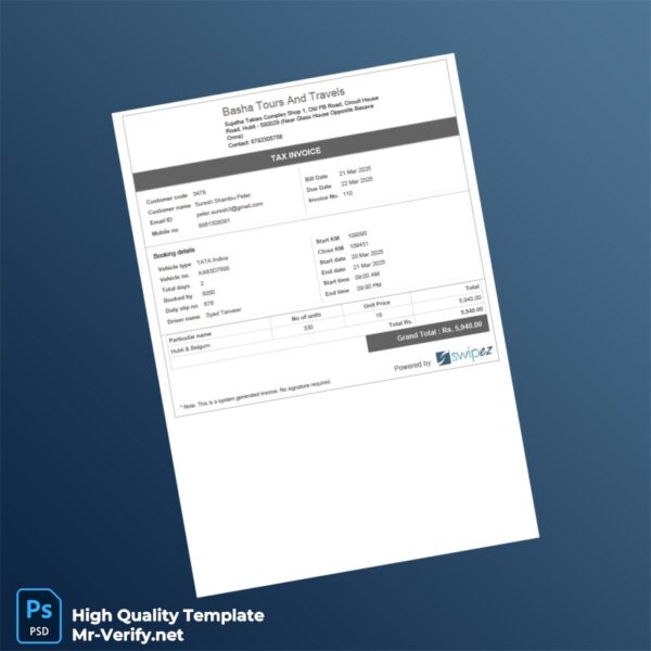 India Basha Tours and Travels Tax Invoice Template in Word and PDF formats India Basha Tours and Travels Tax Invoice Template in Word and PDF formats